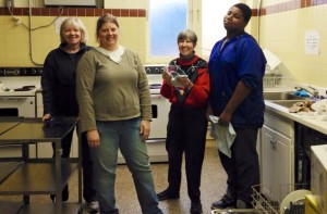 (From left) Kitty Bohr, Beth Van Gorp, Lynn Watson and Jermaine Johnson were among the disciples who scrubbed down the Fellowship Hall and Kitchen as we get ready for "company" tomorrow. 