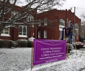 Tom Bohr adjusts the cloth that drapes the cross we place in the front yard during Lent. What Does Lent mean to you? Send me your thoughts and I will be glad to share. Here's what member John Crowell thinks: “Lent, to me, is not a time for some dramatic, self-satisfying “giving up” of some material item or modern-day excess or self-perceived sin. It is not a time for giving up but calls for us all to give back to those around us. It is a time for focus and re-centering of self. In doing this, we bring the power of the resurrection to life.” 