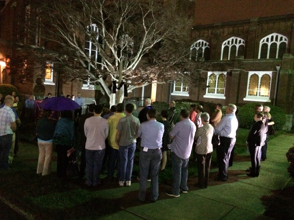 After stripping the church to represent the starkness of the tomb, we ended last night's service gathered around the cross, draped in black. As we sang, "Were You There," a light rain began and grew more steady. Someone said it was as if God was crying.