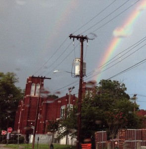 Always on the lookout for the divine, Fred "Scotty" Powers captured this shot of two rainbows as if they are "shooting out" of our bell towers. (The one on the left if more faint.)